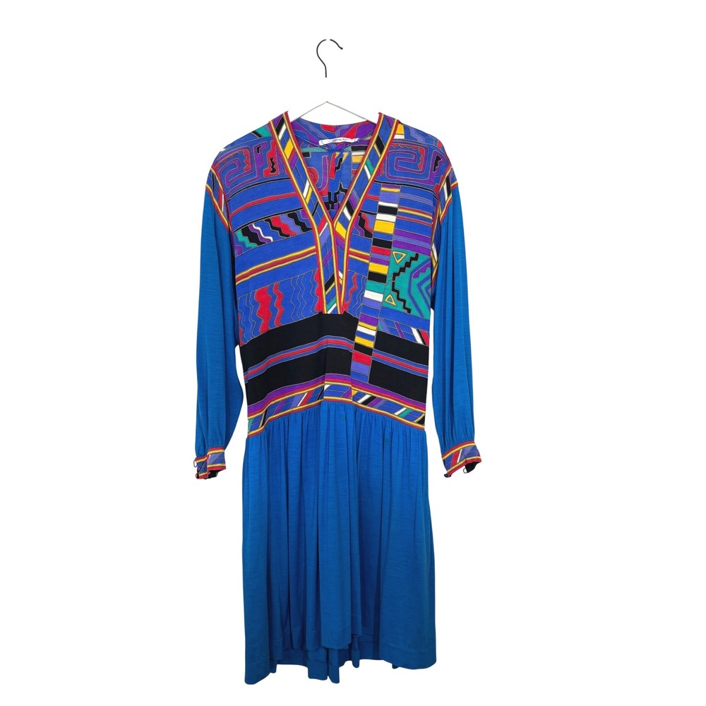 Studio Leonard Paris Vintage Blue Geometric Abstract Print Drop Waist Dress - Picture 2 of 16